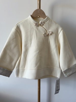 宝儿w女宝米色立领卫衣，新中式盘扣，加绒款，同款黑色，0970