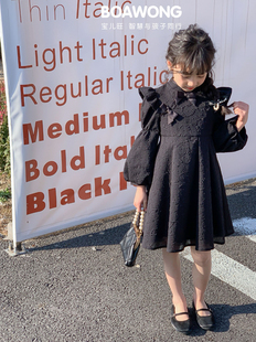 1571 公主裙 宝儿w黑色提花连衣裙蝴蝶结装 饰泡泡袖