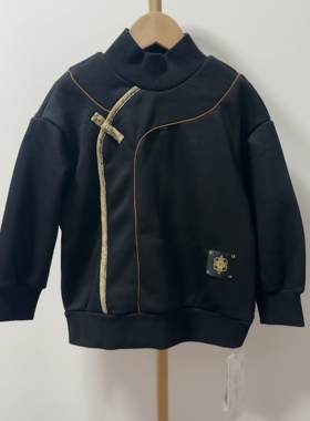 宝儿w男宝黑色半高领卫衣，国风款卫衣，加绒卫衣，0337
