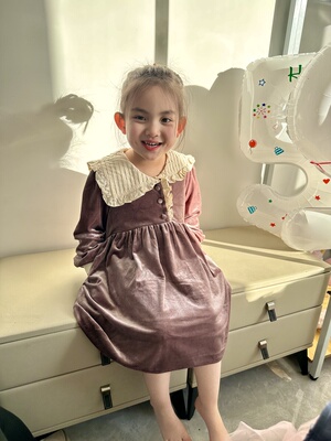 D品剪吊牌鸽家女宝藕粉色丝绒连衣裙公主裙，0029