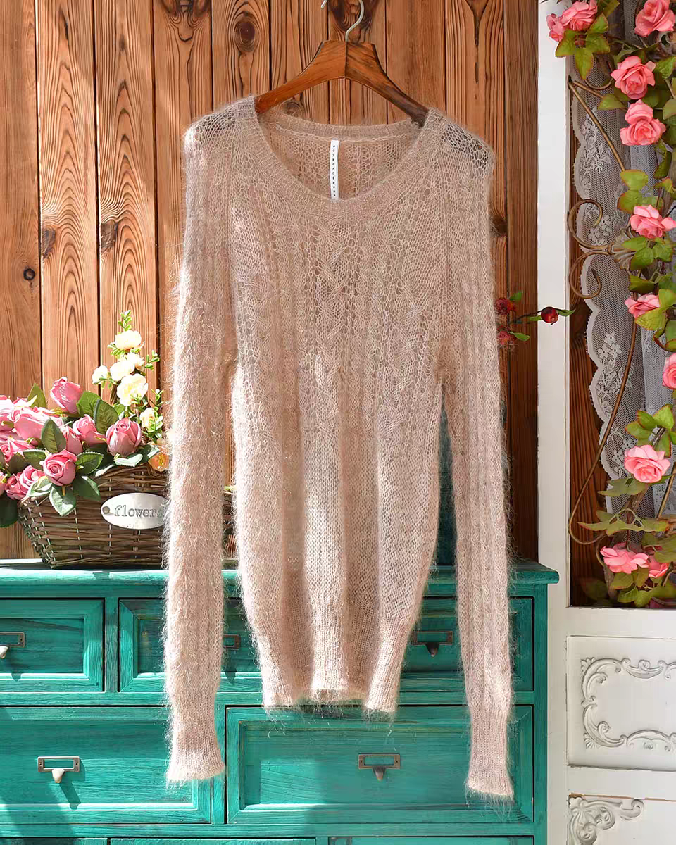 春秋外搭镂空薄款基础圆领麻花编织复古文艺范细柔马海毛套头毛衣