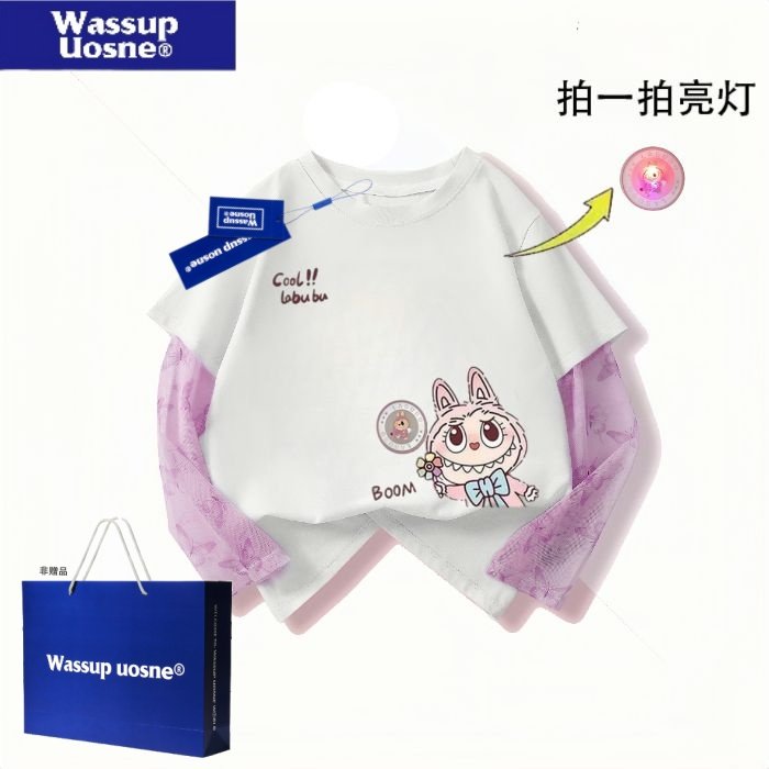 WASSUP女童纯棉短袖T恤夏新款卡通拼接网纱防晒袖儿童上衣服防蚊