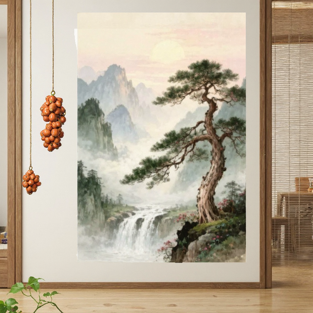 中式山水手绘松树客厅挂画
