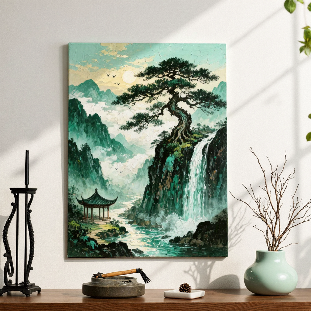 中式手绘山水油画客厅中堂挂画
