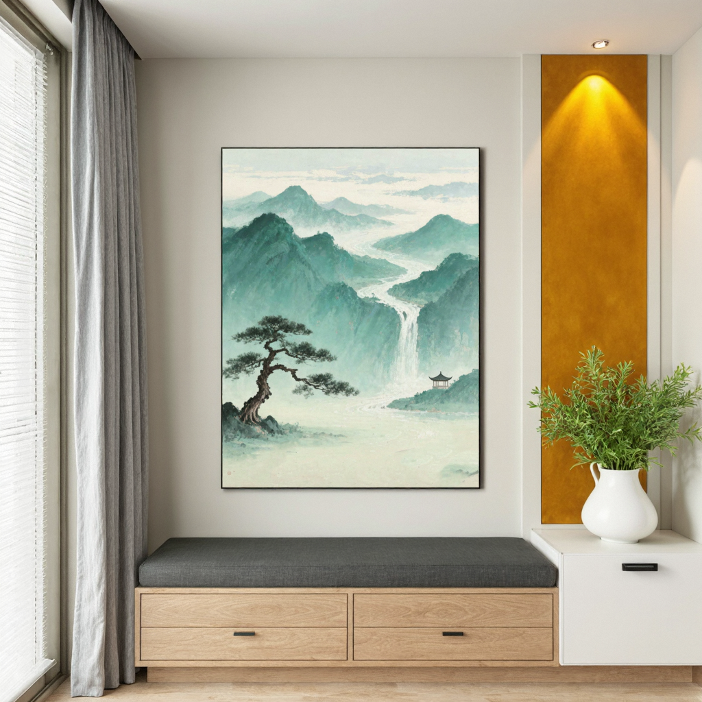 中式山水纯手绘油画玄关客厅