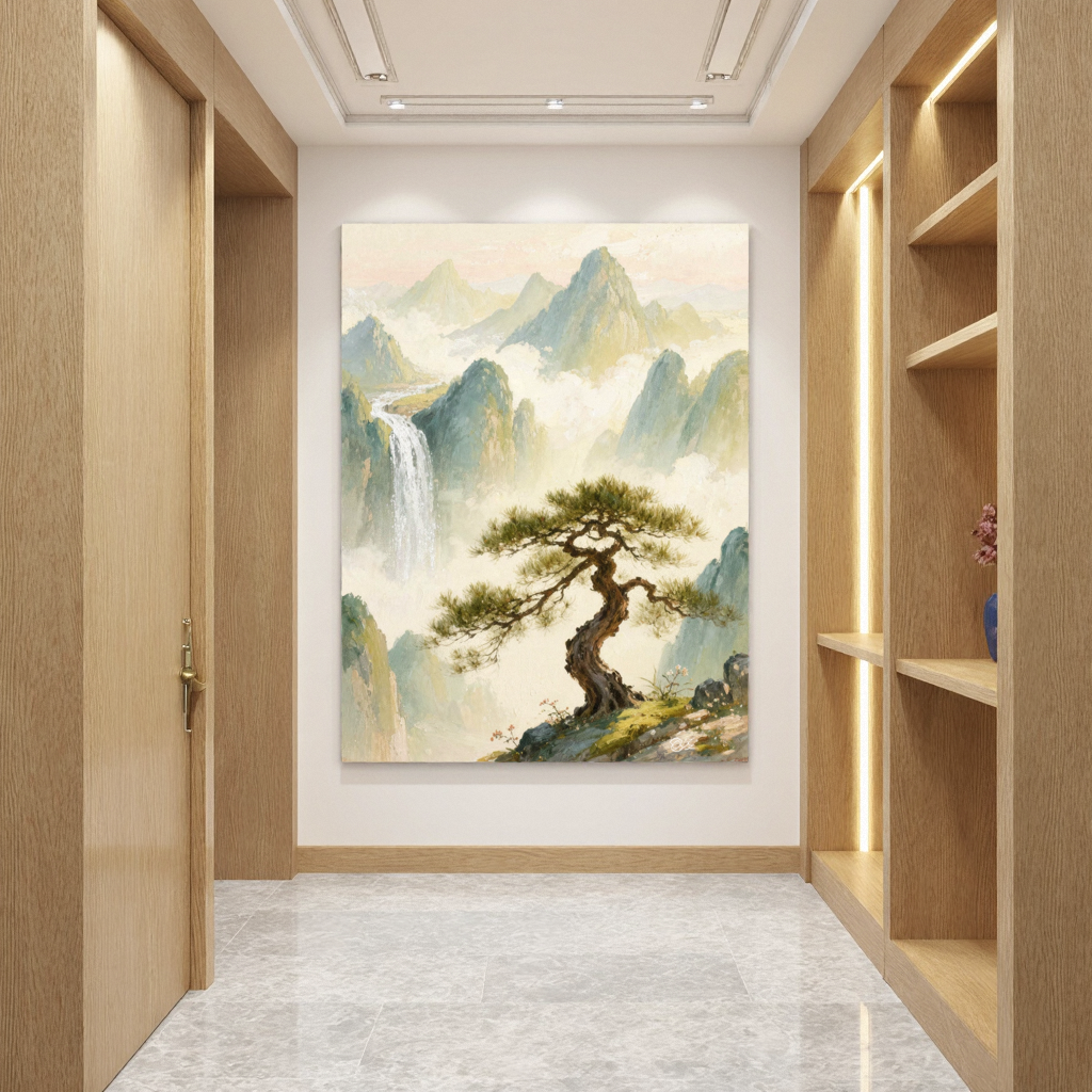 中式山水手绘肌理油画客厅玄关