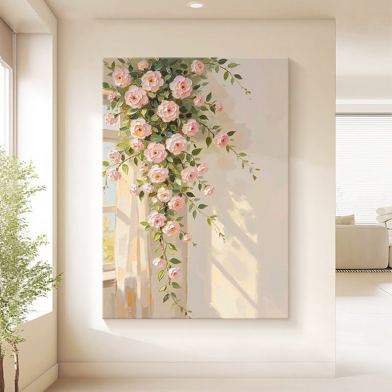 奶油风纯手绘油画高级感花卉唯美客厅装饰画立体有框带框玄关挂画