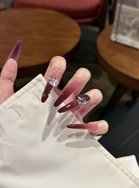 纯手工穿戴甲显白贵气梅子渐变红色高级感K9堆钻法式可拆卸美甲片