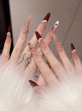 纯手工穿戴甲红色新年美甲法式爆闪猫眼链条碎钻圣诞氛围感假指甲