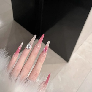 纯手工穿戴甲纯欲娇媚枚红色渐变蝴蝶显白钻球高级长尖可拆卸美甲
