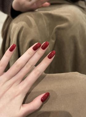 新年显白红色手工穿戴甲法式高级感短款车厘子红气质可拆卸美甲片