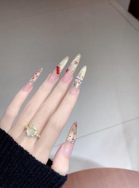 新年红色美甲跨年高级感渐变香槟金猫眼发财醒狮糖葫芦手工穿戴甲