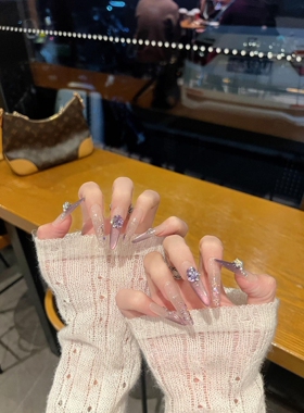 冷雾紫手工穿戴甲法式高级感爆闪猫眼渐变紫色细闪亮片锆石美甲片