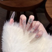 手工穿戴甲高级冰透渐变香槟爆闪猫眼锆石满钻贵气长款 可拆卸美甲