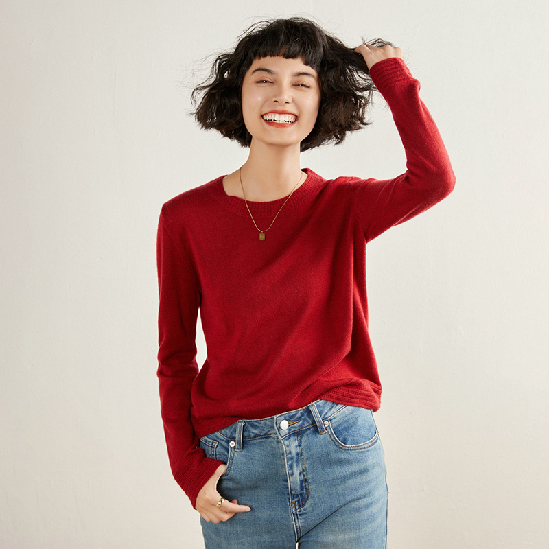 精纺羊毛衫女套头圆领长袖打底衫