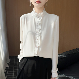 法式小资立领白色木耳边雪纺衬衫女2026新款高级感长袖半高领衬衣
