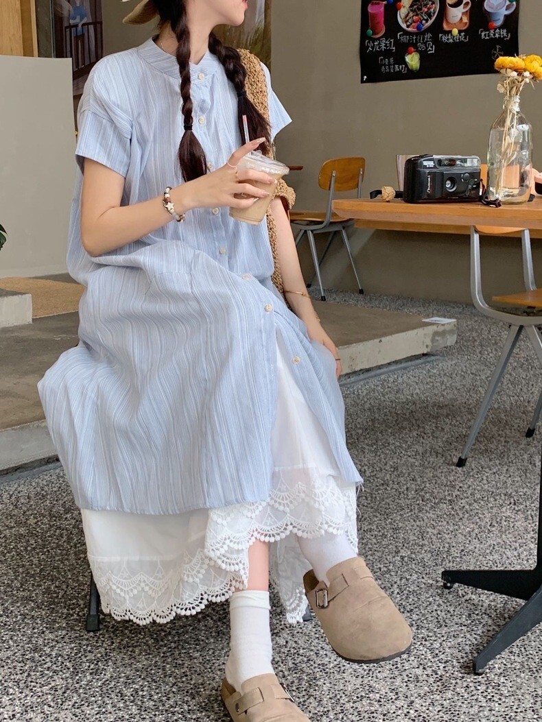 蓝色条纹短袖衬衫连衣裙条纹