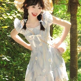 甜美可爱蓝色小飞袖 初恋小个子收腰公主裙 碎花连衣裙子女夏季 法式