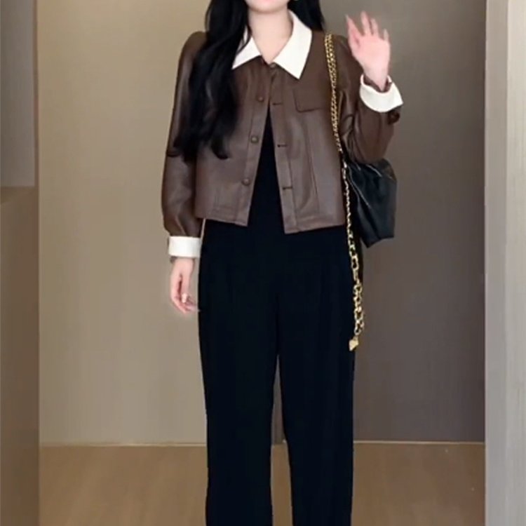 大码胖mm复古港风撞色皮衣外套女秋季宽松显瘦气质pu皮夹克外套潮