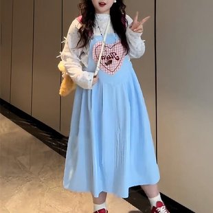 大码 减龄套装 上衣背带裙两件套女春季 微胖mm巨显瘦遮肉甜妹套装