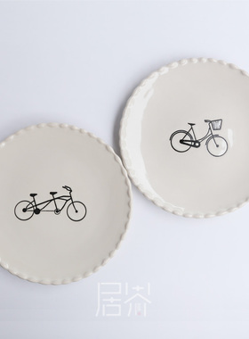 外贸原单出口米白立体图案自行车陶瓷甜品水果蛋糕装饰碟子