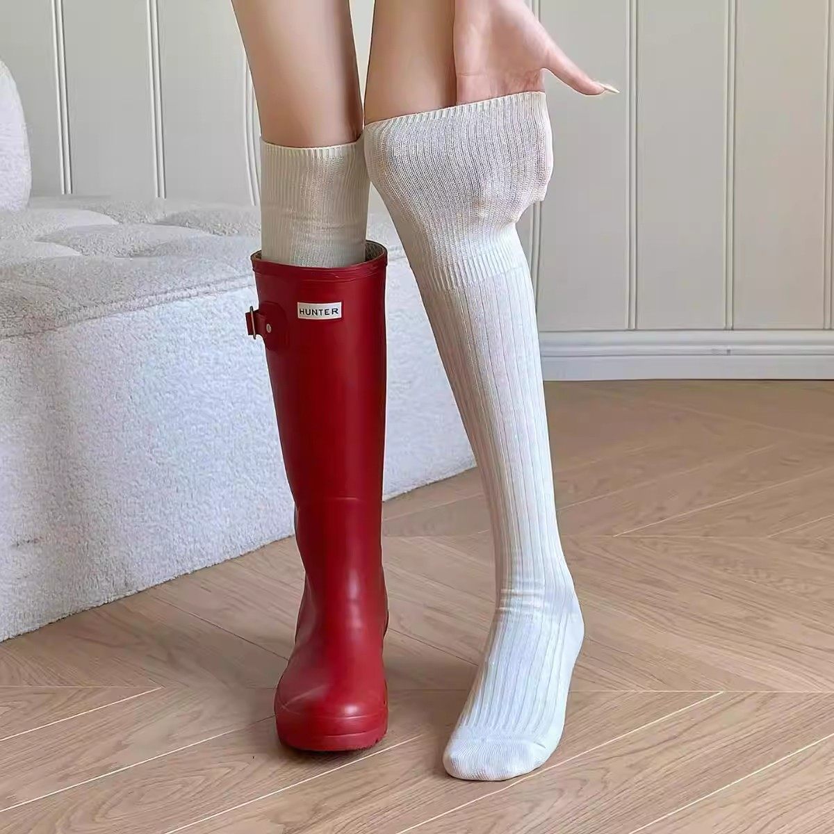 日本进口奶白色过膝袜芭蕾风miu系小腿袜春秋长袜女长筒袜配靴子