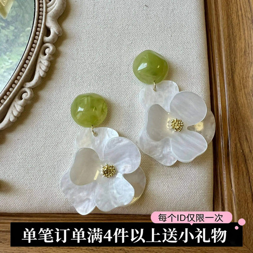 春夏浪漫绿色森系耳环复古又甜美气质花朵耳钉女小众设计耳夹耳饰