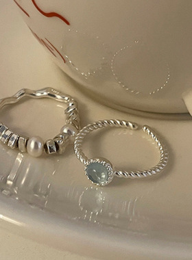 猫眼石金属碎银子珍珠戒指女小众个性简约百搭气质时尚指环戒子