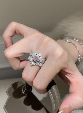 甜美粉色锆石爱心皇冠戒指女轻奢高级感气质时尚通勤百搭指环戒子