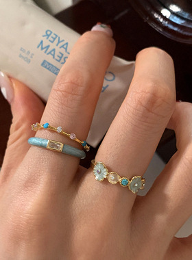 蓝色滴油锆石花朵开口戒指女轻奢高级感气质显白优雅百搭指环戒子