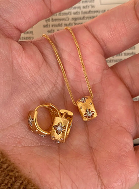 金色转运珠锆石星芒耳钉耳环项链女复古轻奢时尚潮流百搭锁骨链