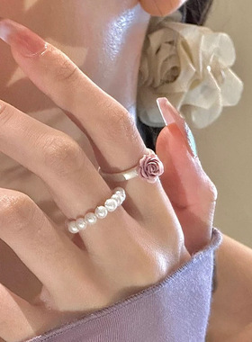 轻奢名媛风珍珠玫瑰戒指女法式复古优雅时尚个性气质百搭指环戒子