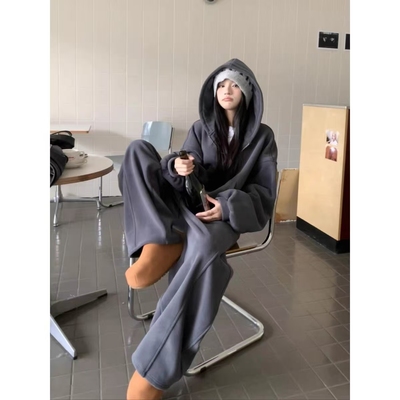 奥粒绒加绒加厚休闲套装女冬季宽松连帽卫衣外套直筒阔腿裤两件套