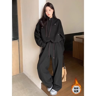 韩版休闲运动套装女秋冬季立领显瘦卫衣外套宽松休闲阔腿裤两件套