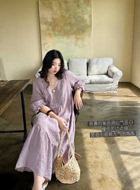 撞色花边纯亚麻气质紫色显白浪漫V领显瘦优雅连衣裙 安妮森林