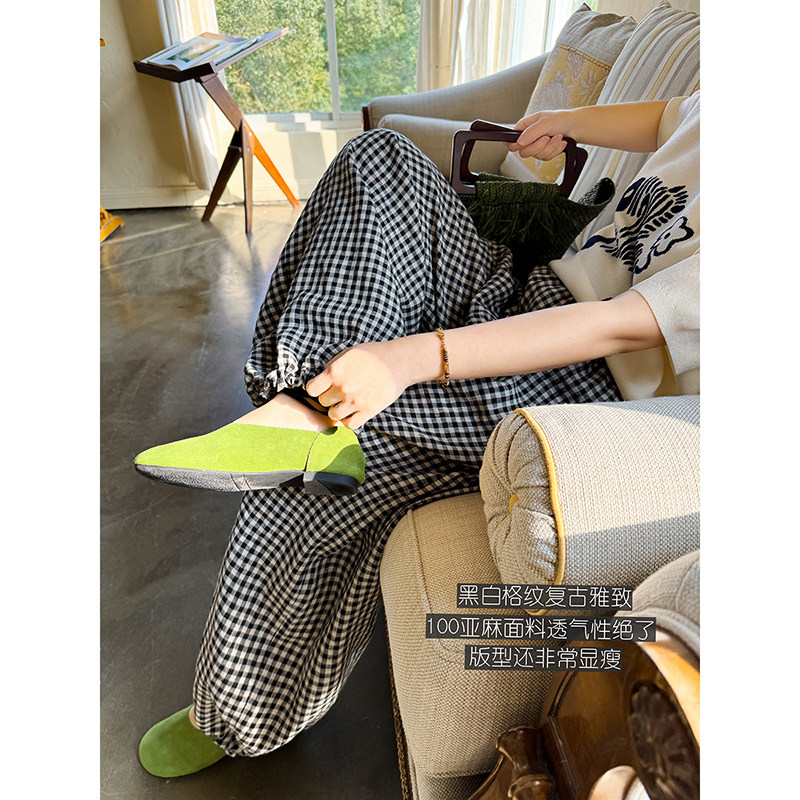 纯亚麻色织黑白格纹复古松紧腰垂坠显瘦阔腿休闲长裤 安妮森林