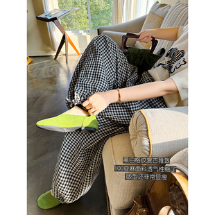 纯亚麻色织黑白格纹复古松紧腰垂坠显瘦阔腿休闲长裤 安妮森林