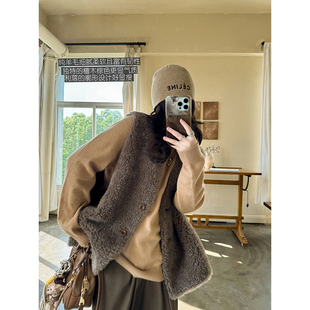 正反两面穿高奢100羊毛檀木棕色复古V领叠穿皮草马甲冬 安妮森林