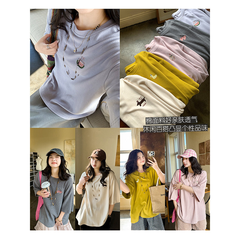 棉质定位刺绣设计感宽松圆领休闲百搭显瘦中袖T恤女上衣 安妮森林