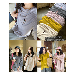 棉质定位刺绣设计感宽松圆领休闲百搭显瘦中袖T恤女上衣 安妮森林