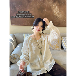 纯苎麻精致满幅刺绣森系减龄翻领宽松百搭长袖衬衫上衣 安妮森林