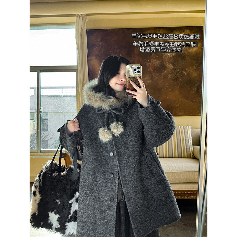 细奢羊卷毛领羊驼毛澳毛连帽球球系带手工双面呢大衣外套安妮森林