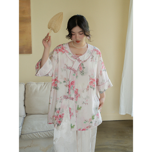 棉质粉色花朵手工盘扣优雅新中式上衣安妮森林大码女装夏舒爽透气