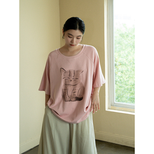 48莱赛尔针织休闲大版宽松猫猫T安妮森林大码女装粉色顺滑亲肤夏