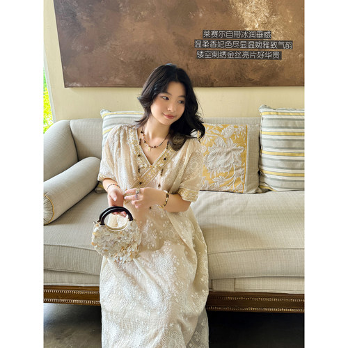 安妮森林镂空刺绣花边旗袍连衣裙