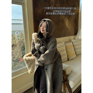 真毛球100澳毛复古腔调感连帽廓形手工双面呢大衣外套冬 安妮森林