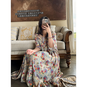 莫奈花园法式油画感花色压褶慵懒V领长款连衣裙 送吊带裙安妮森林