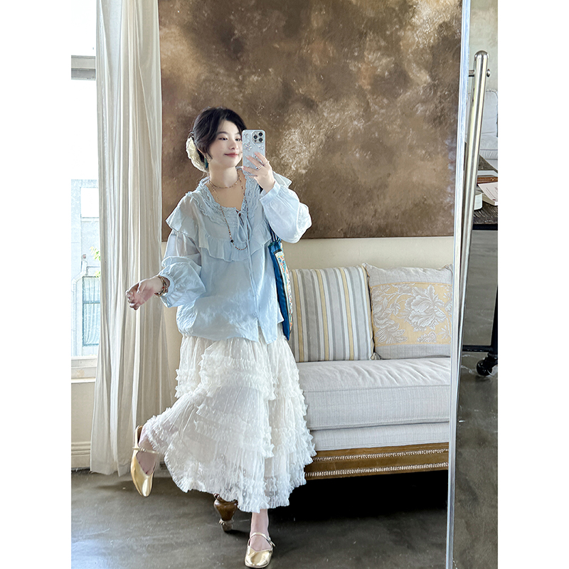 安妮森林100苧麻文藝荷葉襯衫夏