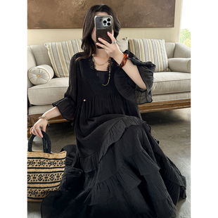 宫廷仙女风立裁大摆定染睫毛蕾丝花边黑色连衣裙送吊带裙安妮森林