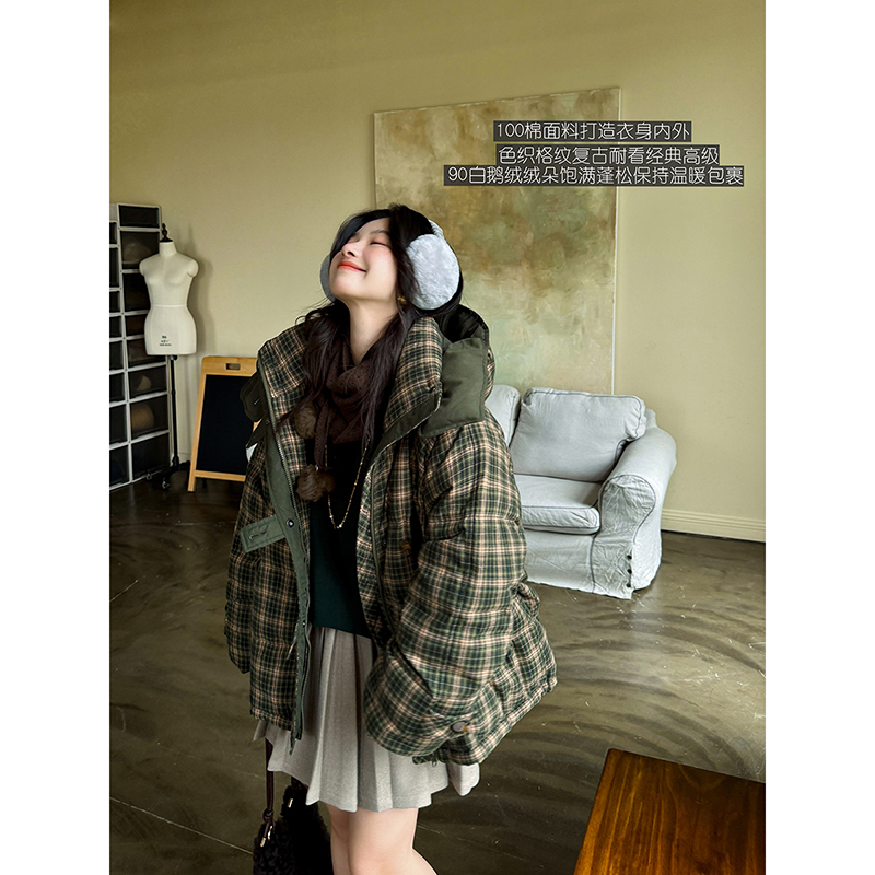 安妮森林棉质格纹鹅绒羽绒服冬